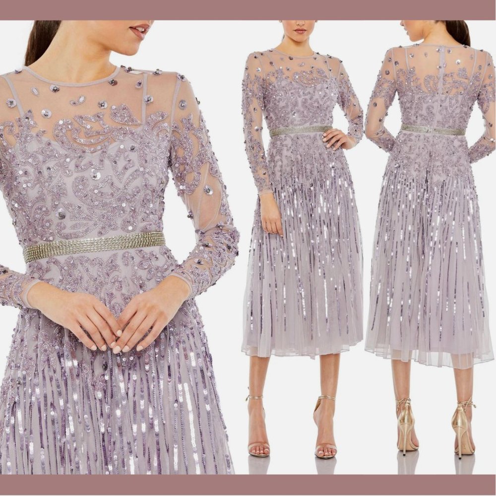 NWT $598 Mac Duggal [ 18 ] Illusion High Neck Long-Sleeve Tea Length Dress Purpl